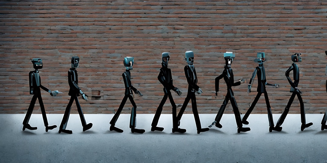 Robots walking along a brick wall.