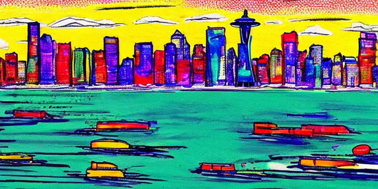 A colorful view of the Seattle skyline