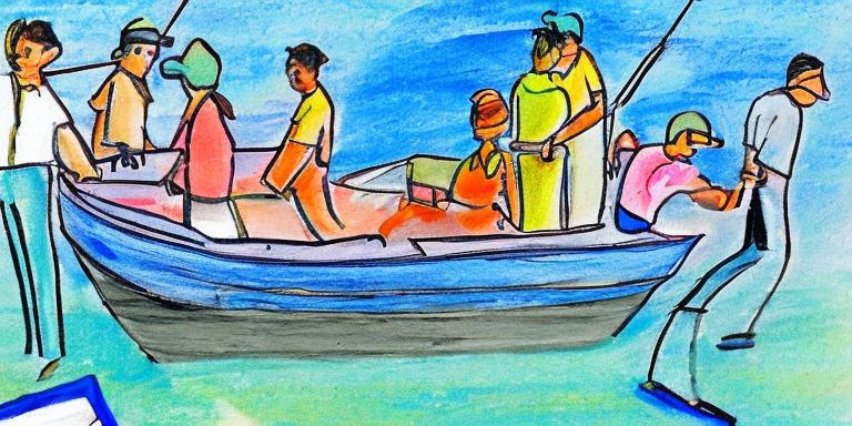 A colorful drawing of people getting on and off a boat.